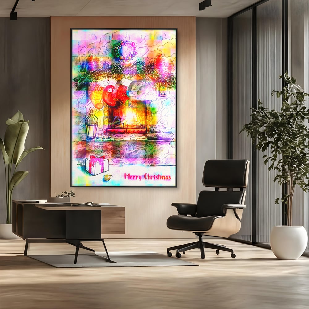 Tablou canvas cu tablou canvas cu peisaj festiv de craciun, in rama de aluminiu negru, pe perete intr-un birou